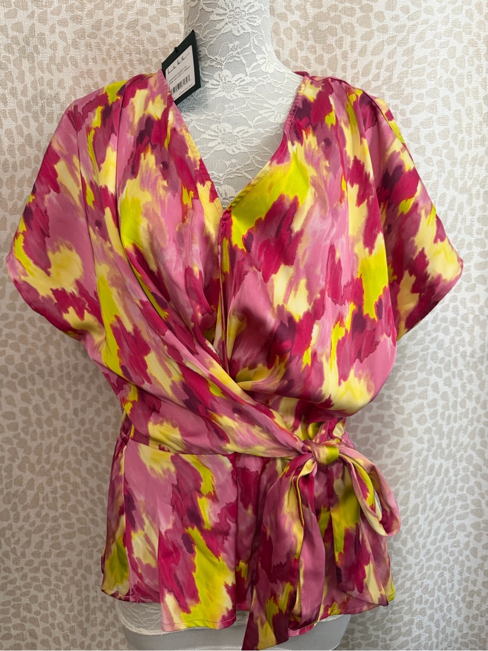 Nicole Miller Pink, Yellow & Fuchsia Silk Wrap Top